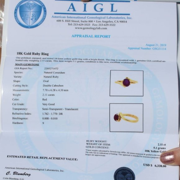 GIA Certified Cats Eye Ruby 2.11ct 18k Gold Ring - Picture 8 of 9